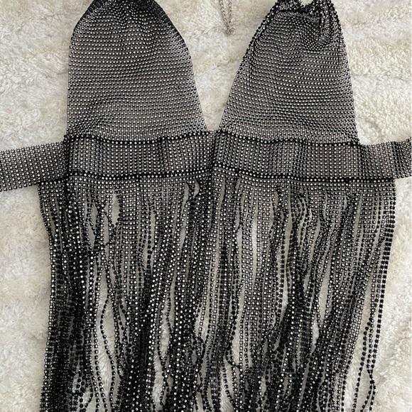 Handmade Bling Rhinestone Fishnet See Through Mesh Tassel Bra - Picture 8 of 12